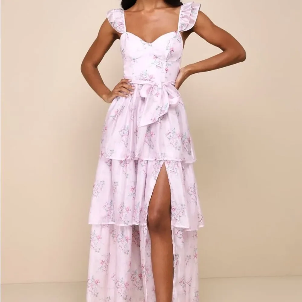 NWT-Lulus- Sweetest Emotion Lilac Floral Ruffled Tiered Bustier Midi Dress-small - Picture 5 of 16